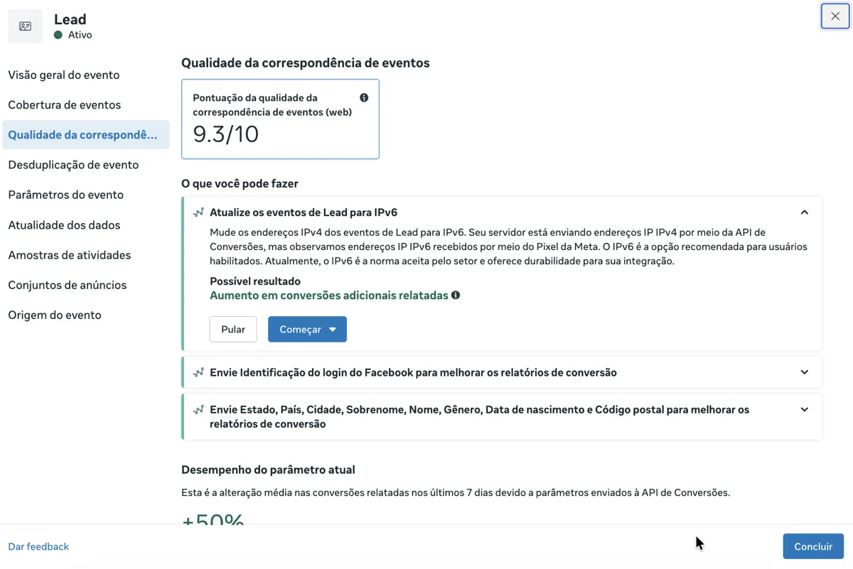 Painel da Meta mostrando qualidade de correspondência de eventos 9,3 de 10