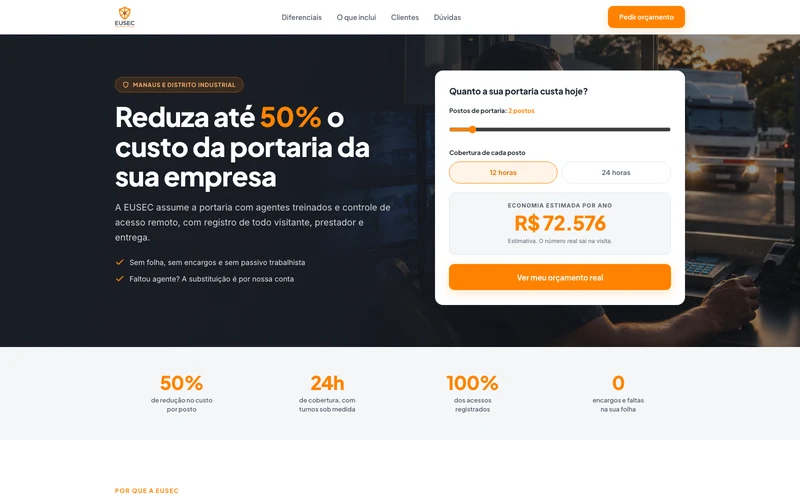Página da EUSEC Portaria Remota com simulador de economia